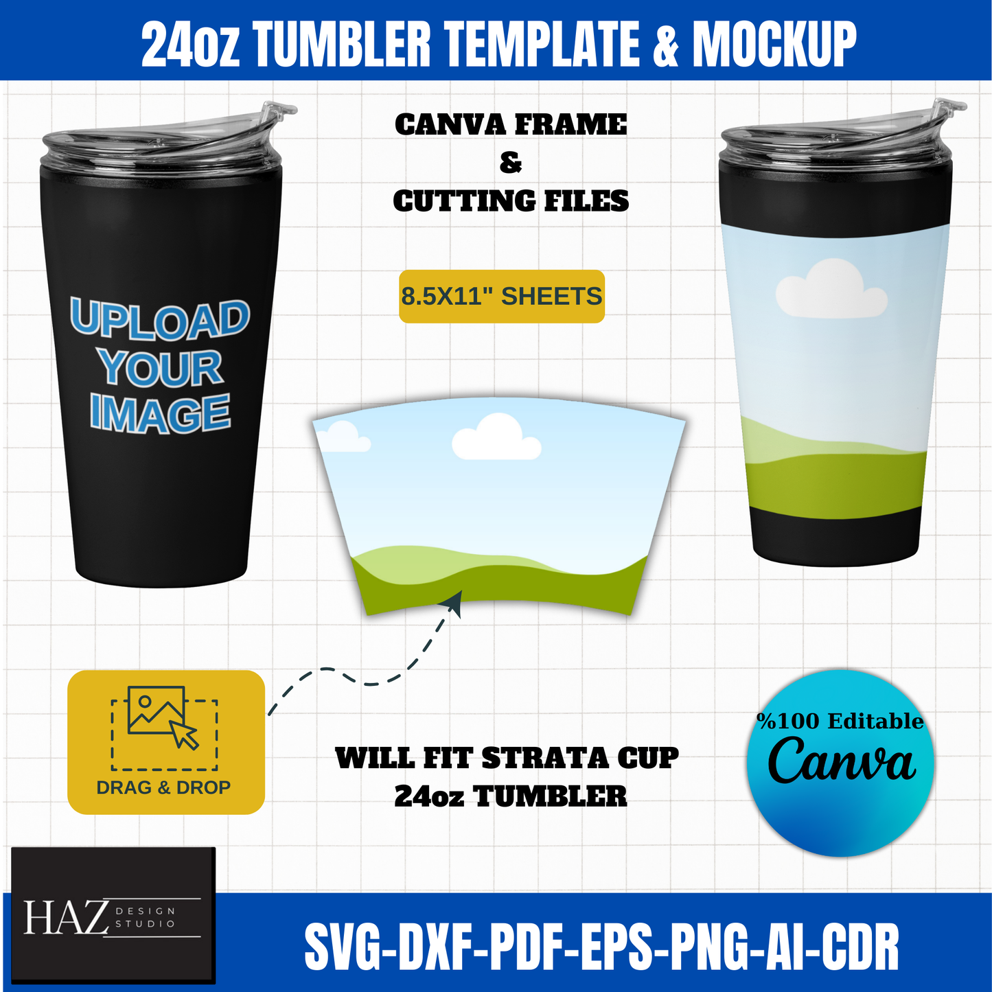 Customizable 24oz Tumbler Wrap Template SVG, PDF, DXF eps for Strata cup pod Designs 362