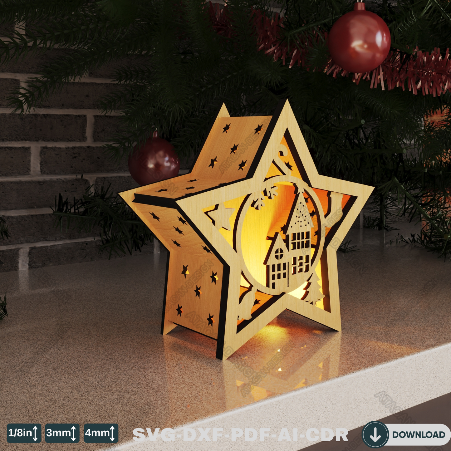 Star Laser Cut Christmas Lantern - Snowy Scene Candle Holder, Winter Wonderland Night Light 773