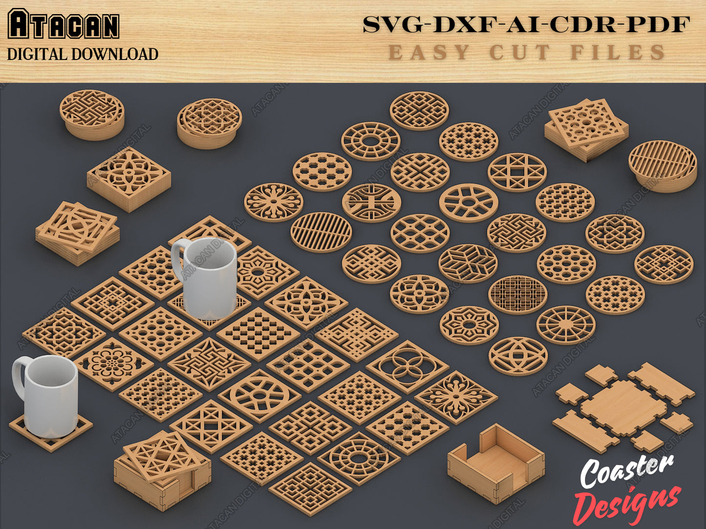 Coasters Bundle, Earrings Vector Laser cut file SVG DXF, Glowforge Laser cut template Patterns 099