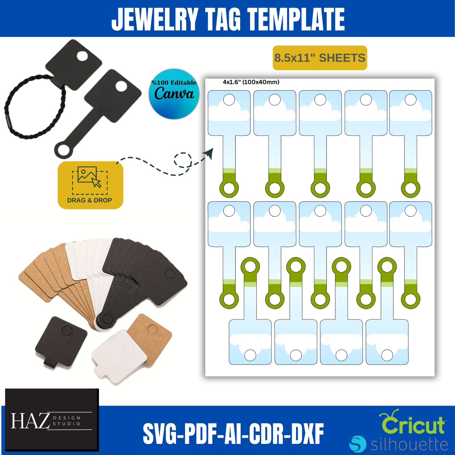 Drag & Drop Jewelry Tag Template | 8.5x11" Sheets, Ready for Cricut Silhouette 374