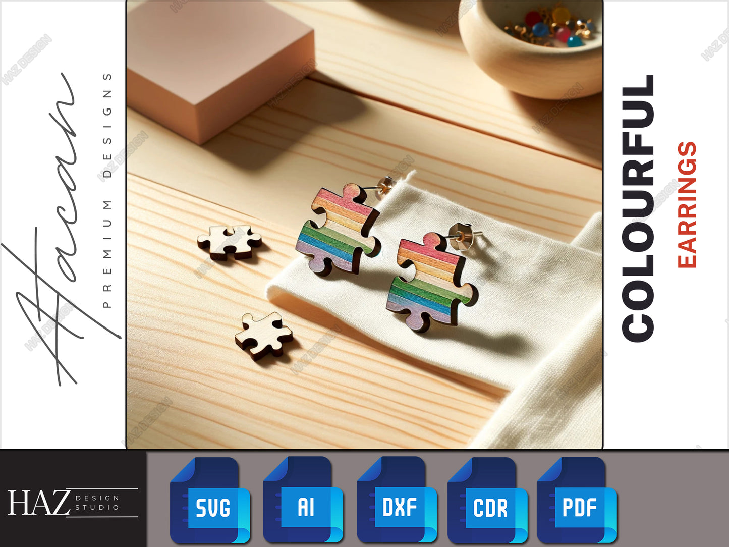 Colorful Puzzle Piece Wooden Earrings - Playful & Artistic Laser Cut Files 256