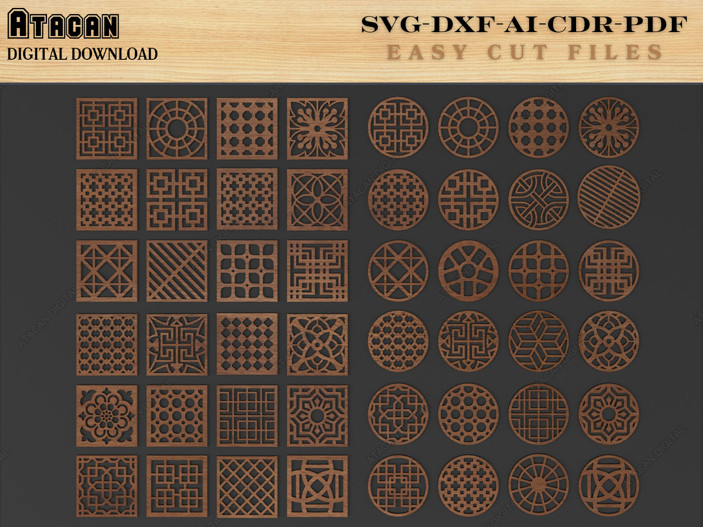 48 Coaster Svg Bundle, Round Square costers laser cutting file, glowforge files 118