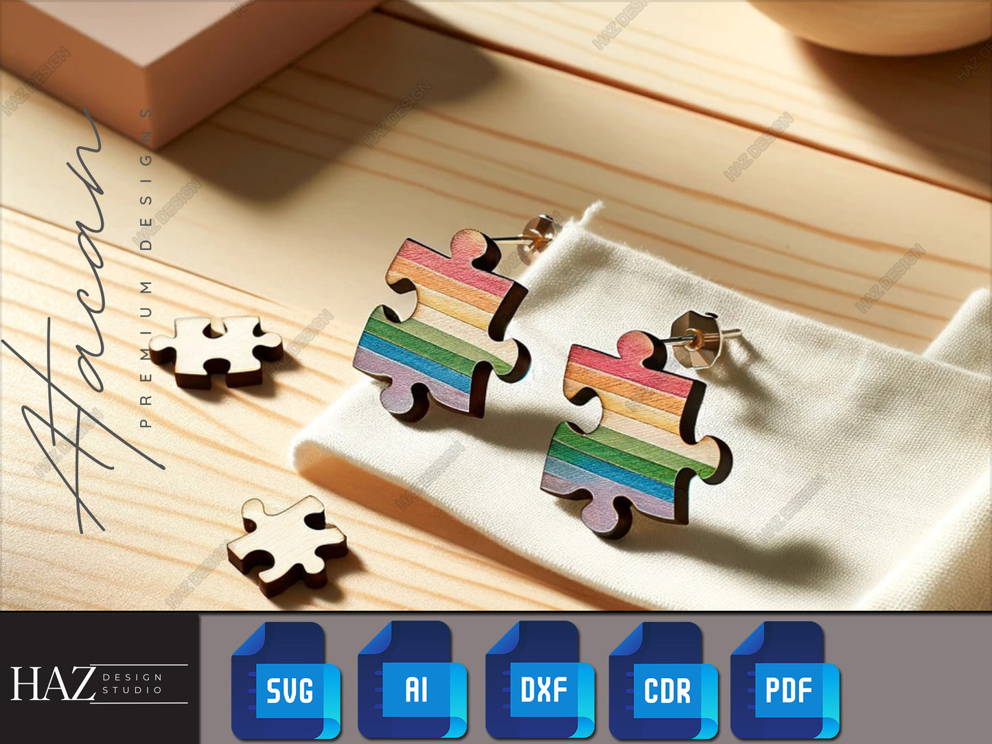 Colorful Puzzle Piece Wooden Earrings - Playful & Artistic Laser Cut Files 256