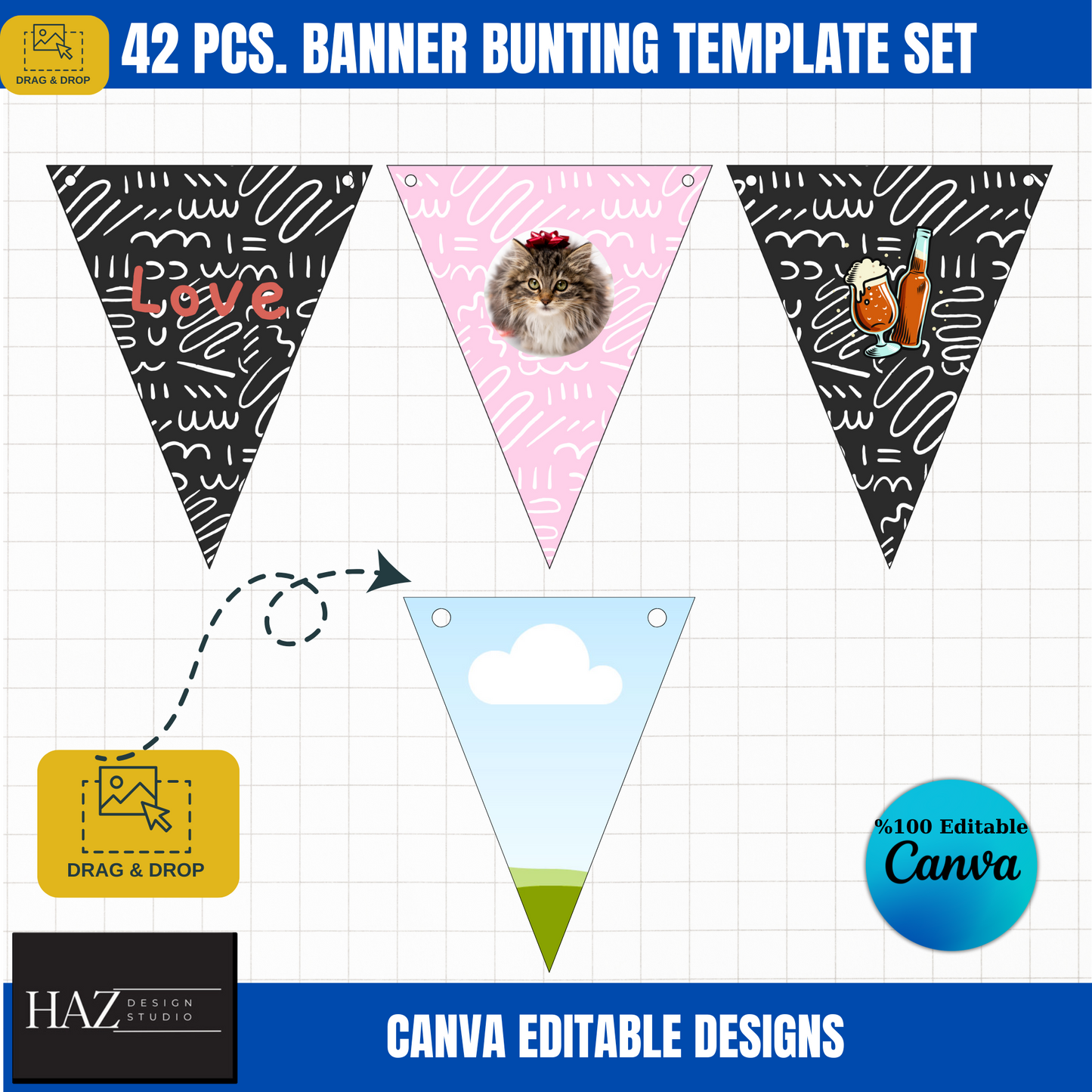 Customizable 42-Piece Canva Banner Bunting Set - Perfect for Birthdays, Weddings & Events,Canva Bunting Template Pack 359