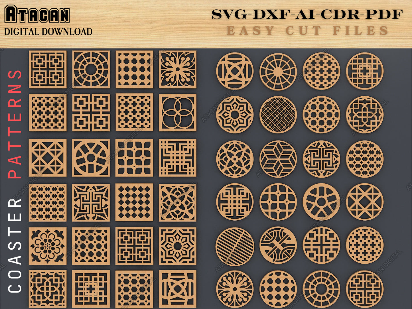Coasters Bundle, Earrings Vector Laser cut file SVG DXF, Glowforge Laser cut template Patterns 099