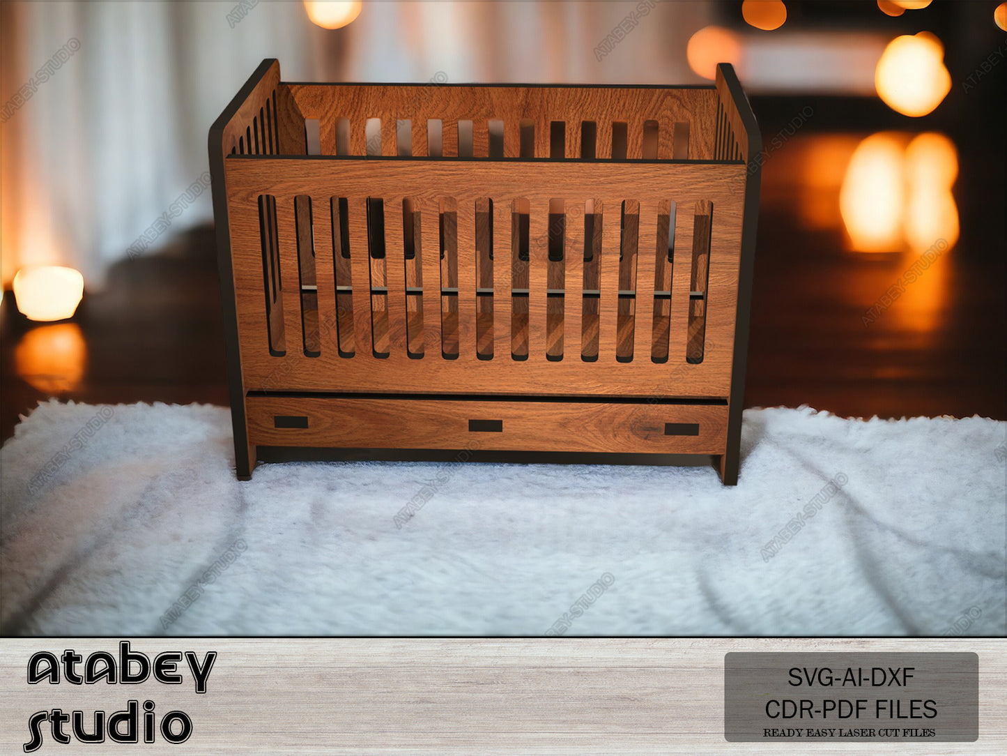 Laser Cut Wooden Cradle Plans, DIY Mini Dollhouse Nursery Furniture, Heart Pattern Baby Bed Design 091