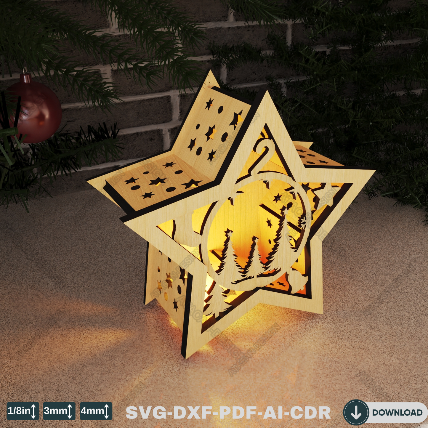 Star Laser Cut Christmas Lantern - Snowy Scene Candle Holder, Winter Wonderland Night Light 773