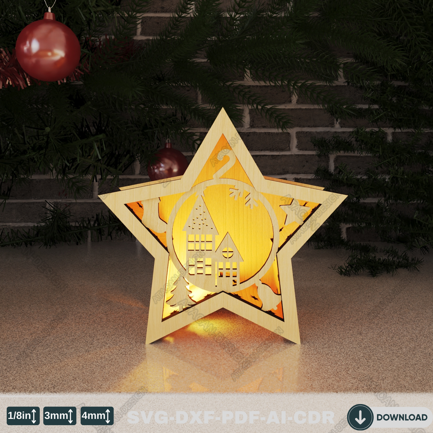 Star Laser Cut Christmas Lantern - Snowy Scene Candle Holder, Winter Wonderland Night Light 773