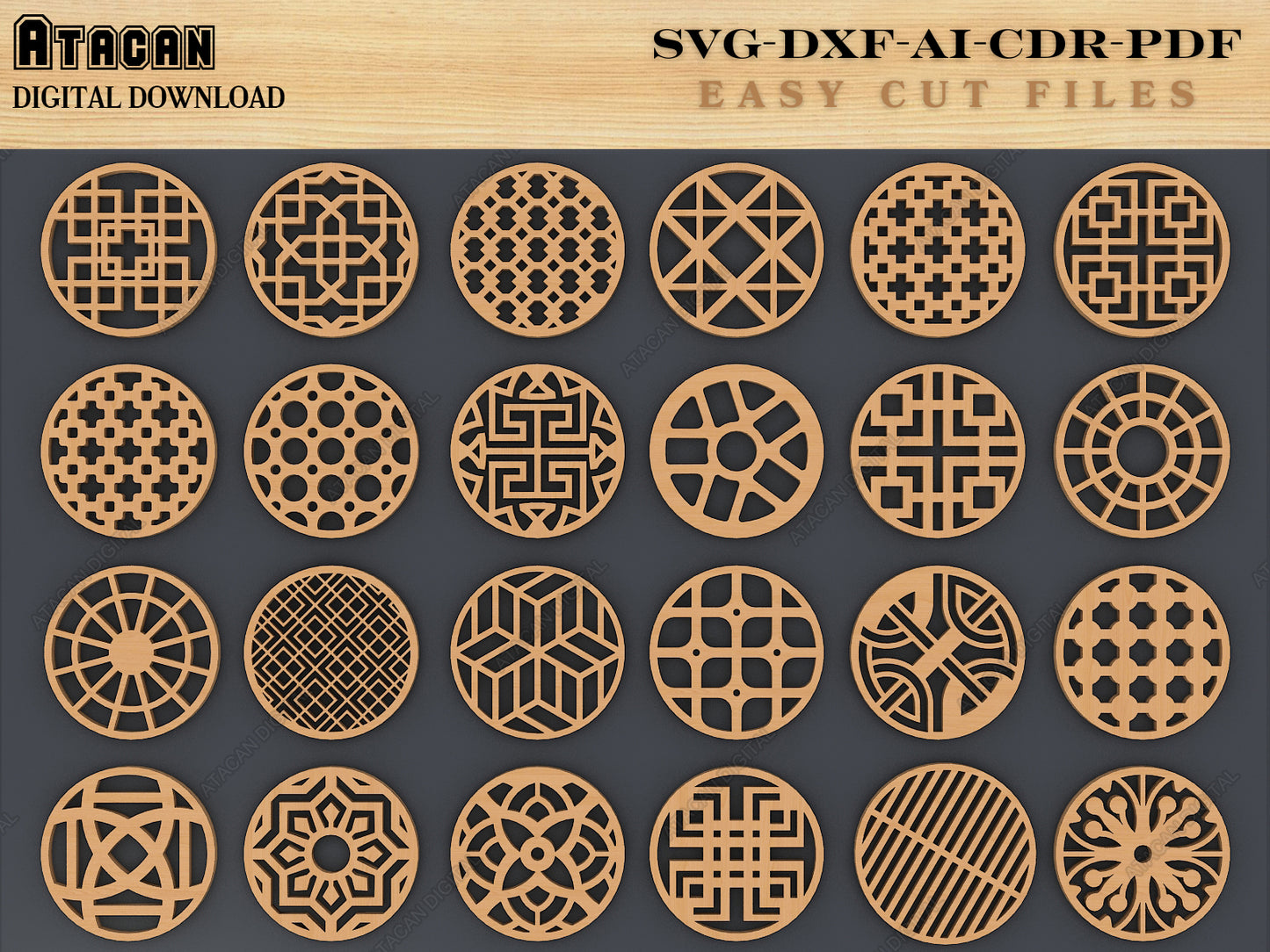Coasters Bundle, Earrings Vector Laser cut file SVG DXF, Glowforge Laser cut template Patterns 099