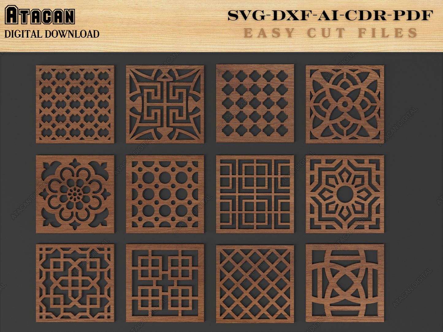 48 Coaster Svg Bundle, Round Square costers laser cutting file, glowforge files 118