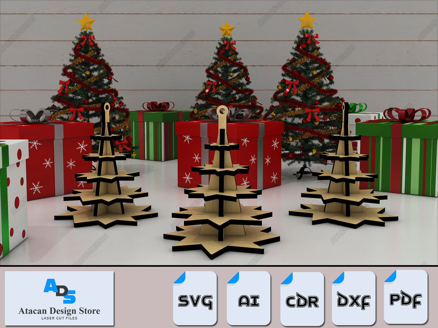 Noel Laser Cut Plywood 3D models / Glowforge cut files / Noel Tree DIY Puzzle / Christmas Sleigh 3d model vector plan ADS092
