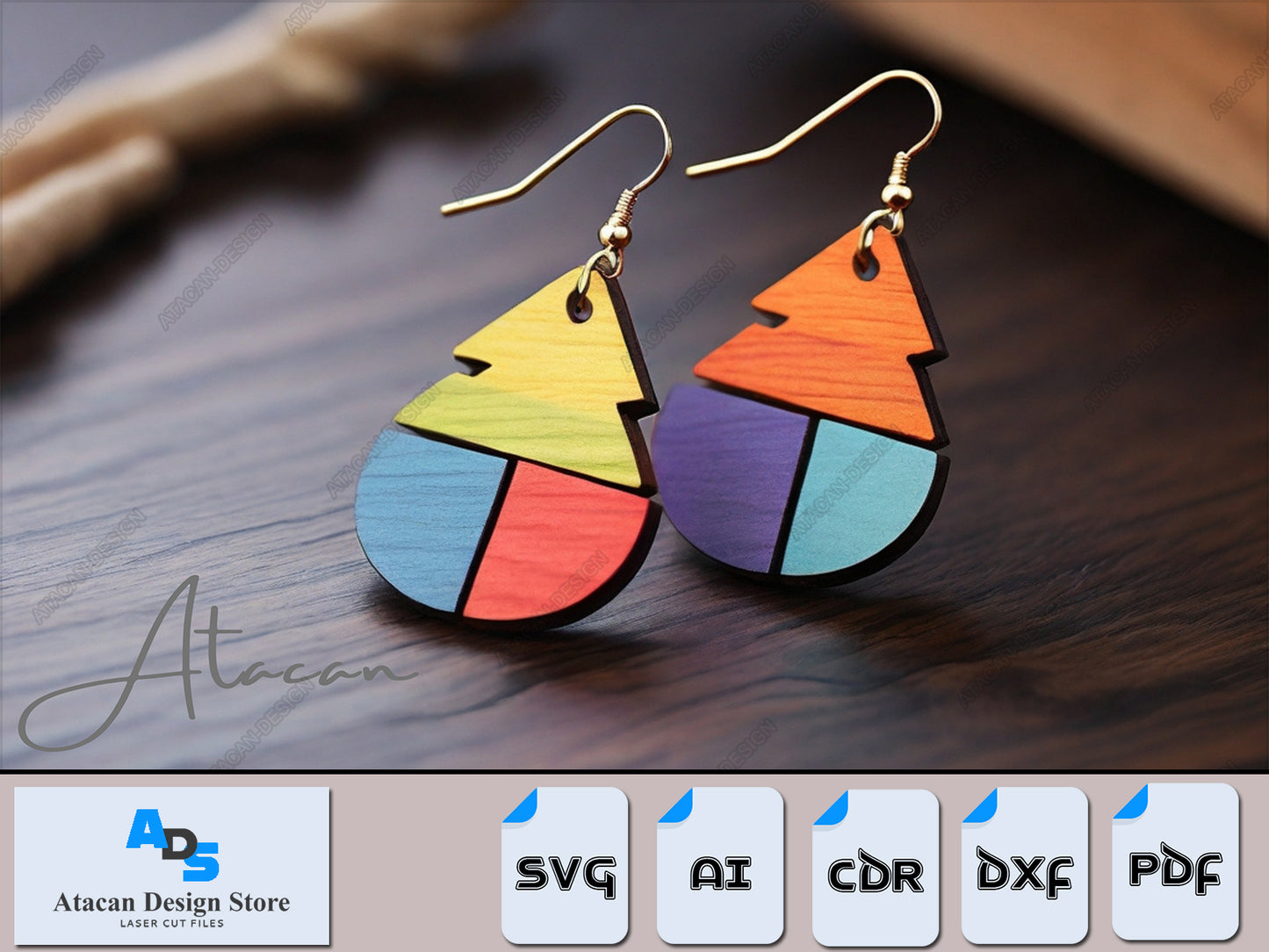Geometric Rainbow Segmented Wooden Earrings - Modern Laser Cut Design Files 386