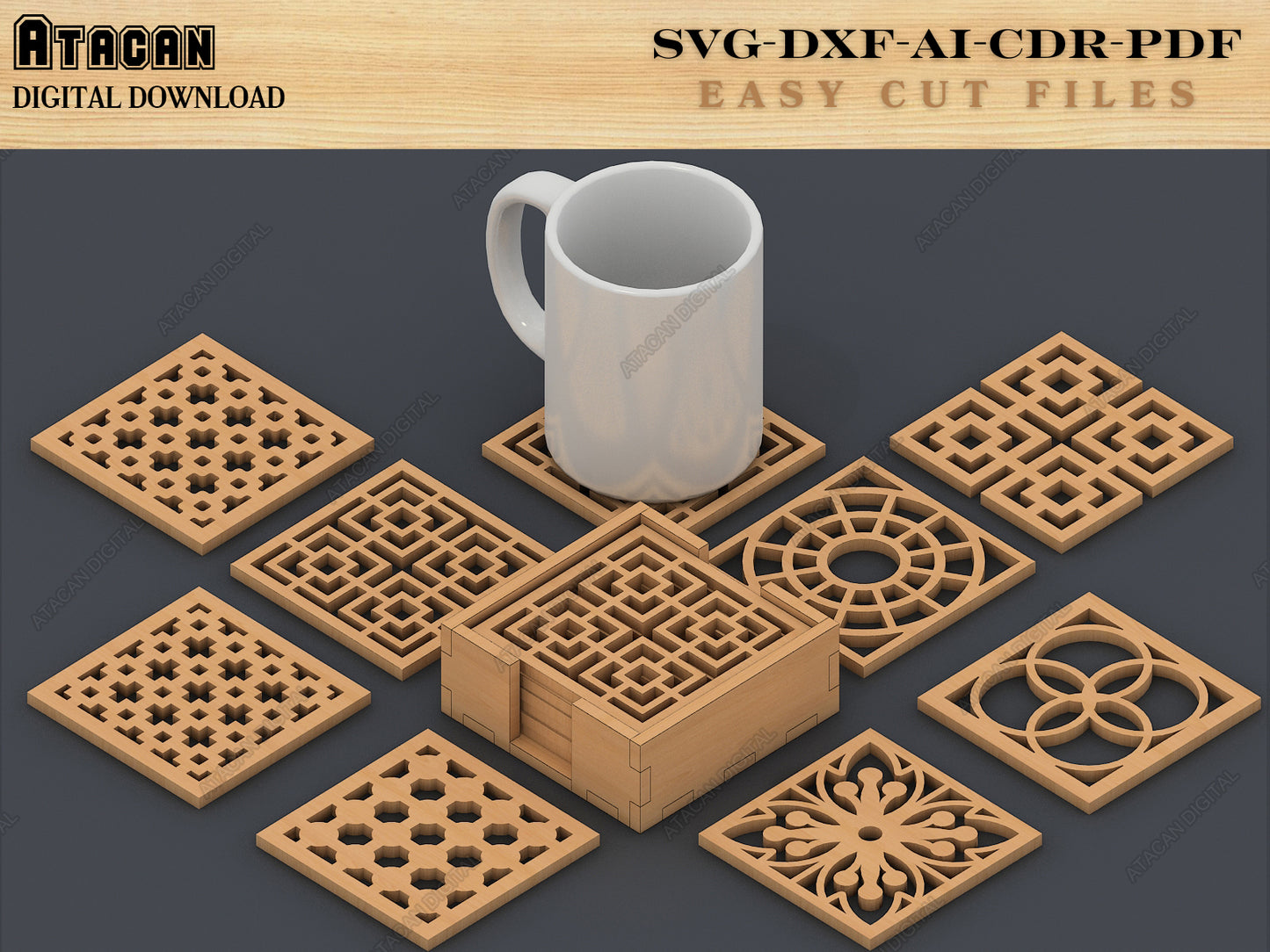 Coasters Bundle, Earrings Vector Laser cut file SVG DXF, Glowforge Laser cut template Patterns 099