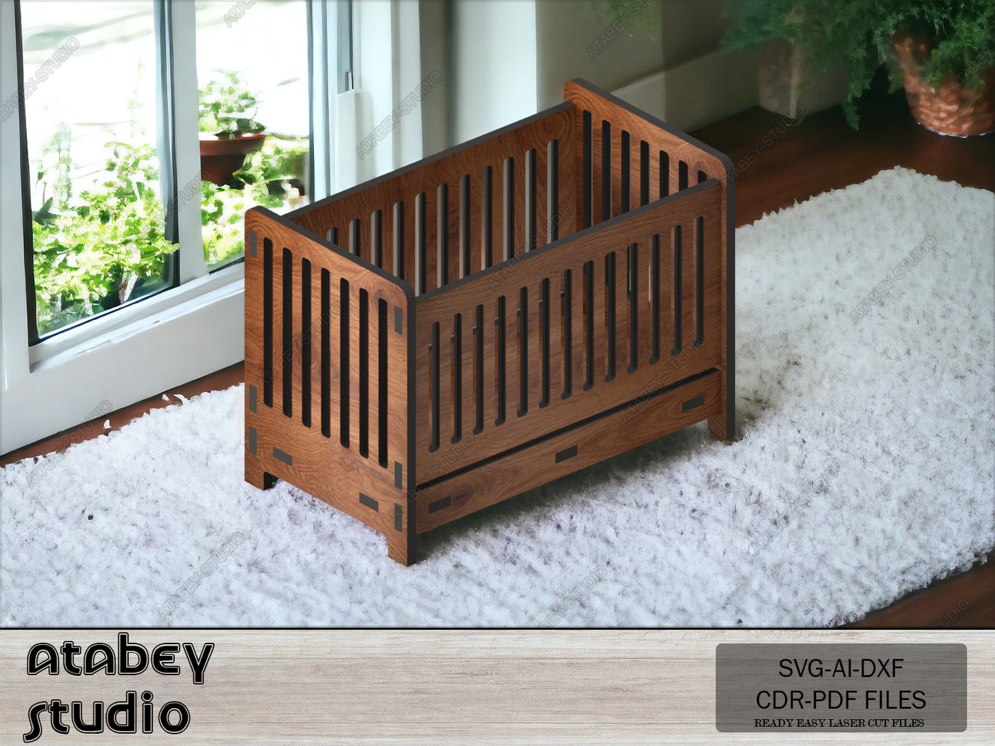 Laser Cut Wooden Cradle Plans, DIY Mini Dollhouse Nursery Furniture, Heart Pattern Baby Bed Design 091