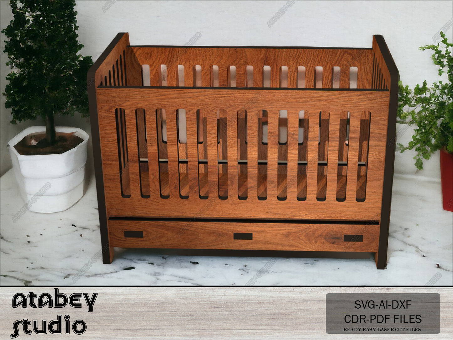 Laser Cut Wooden Cradle Plans, DIY Mini Dollhouse Nursery Furniture, Heart Pattern Baby Bed Design 091