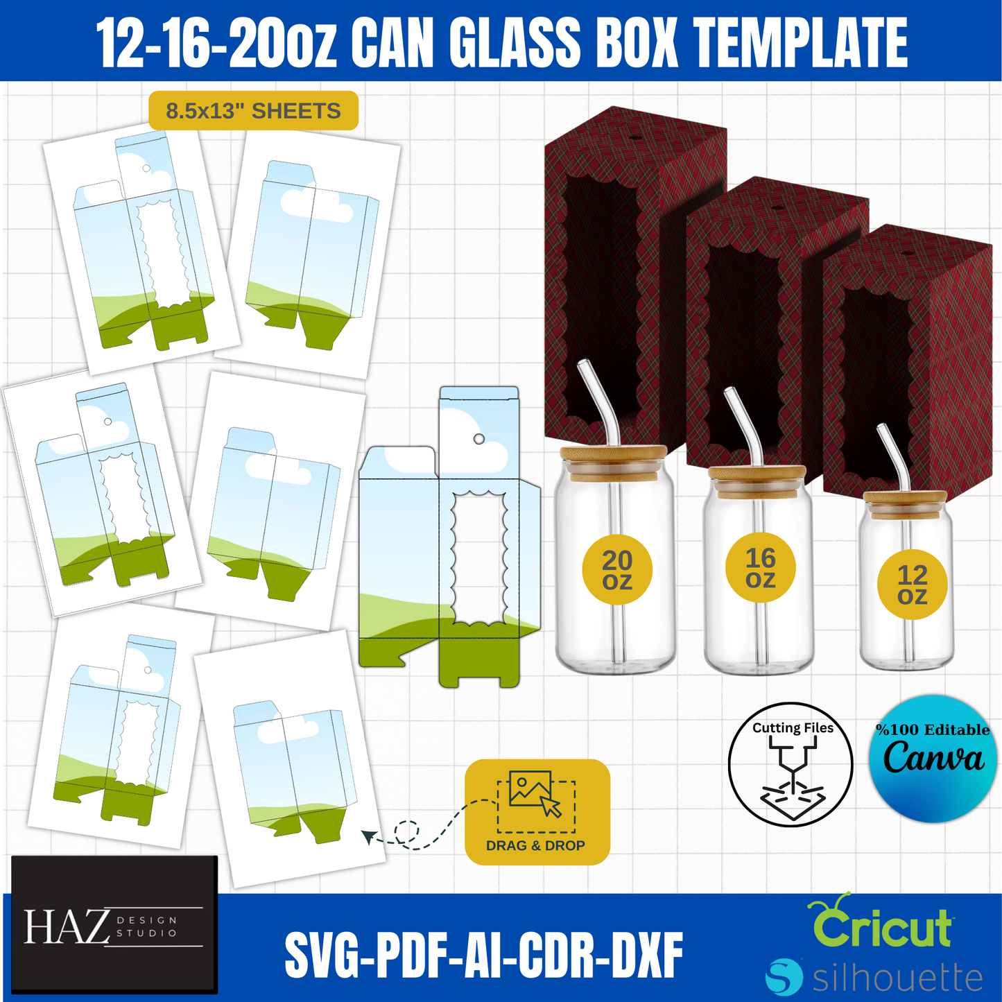 12oz 16oz 20oz Can Glass Box Template Bundle | svg PDF ai CDR DXF Files | Cricut Silhouette Compatible | Editable in Canva 388