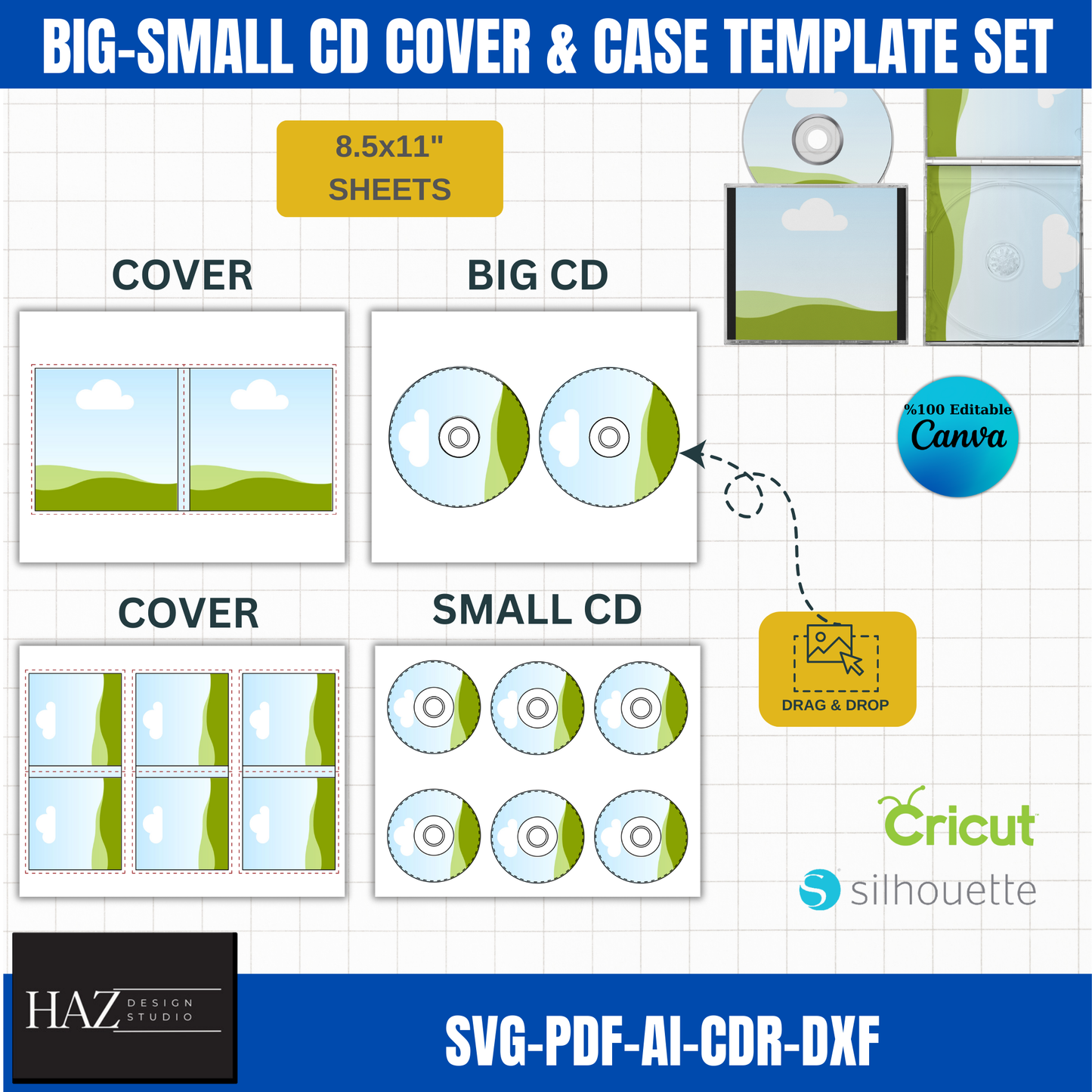 Customizable CD cover case Template Bundle big & small CD Sizes svg, pdf, ai, CDR for Canva 377
