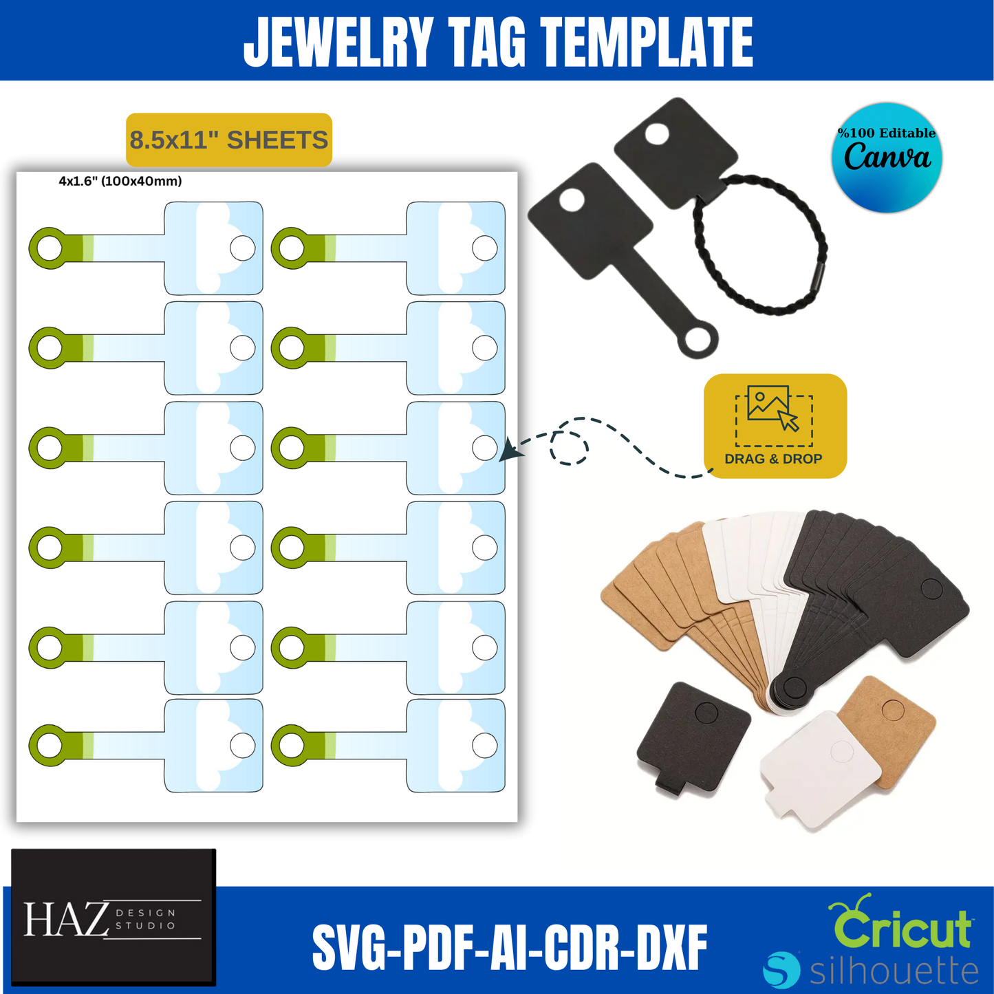 Drag & Drop Jewelry Tag Template | 8.5x11" Sheets, Ready for Cricut Silhouette 374