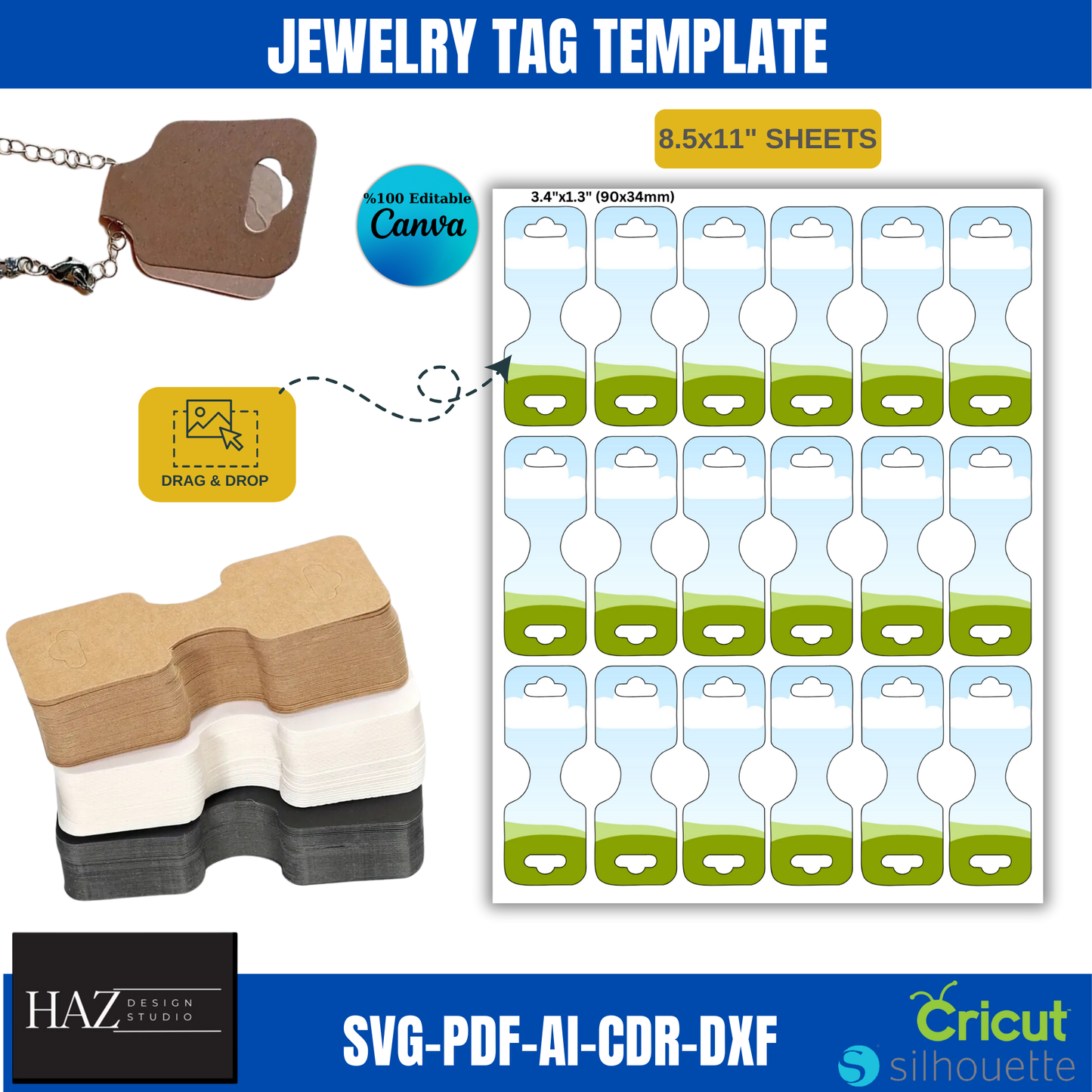 Professional Jewelry Tag Template Bundle | Bracelet & Necklace Cards | SVG, PDF, AI Compatible with Cricut Canva 373