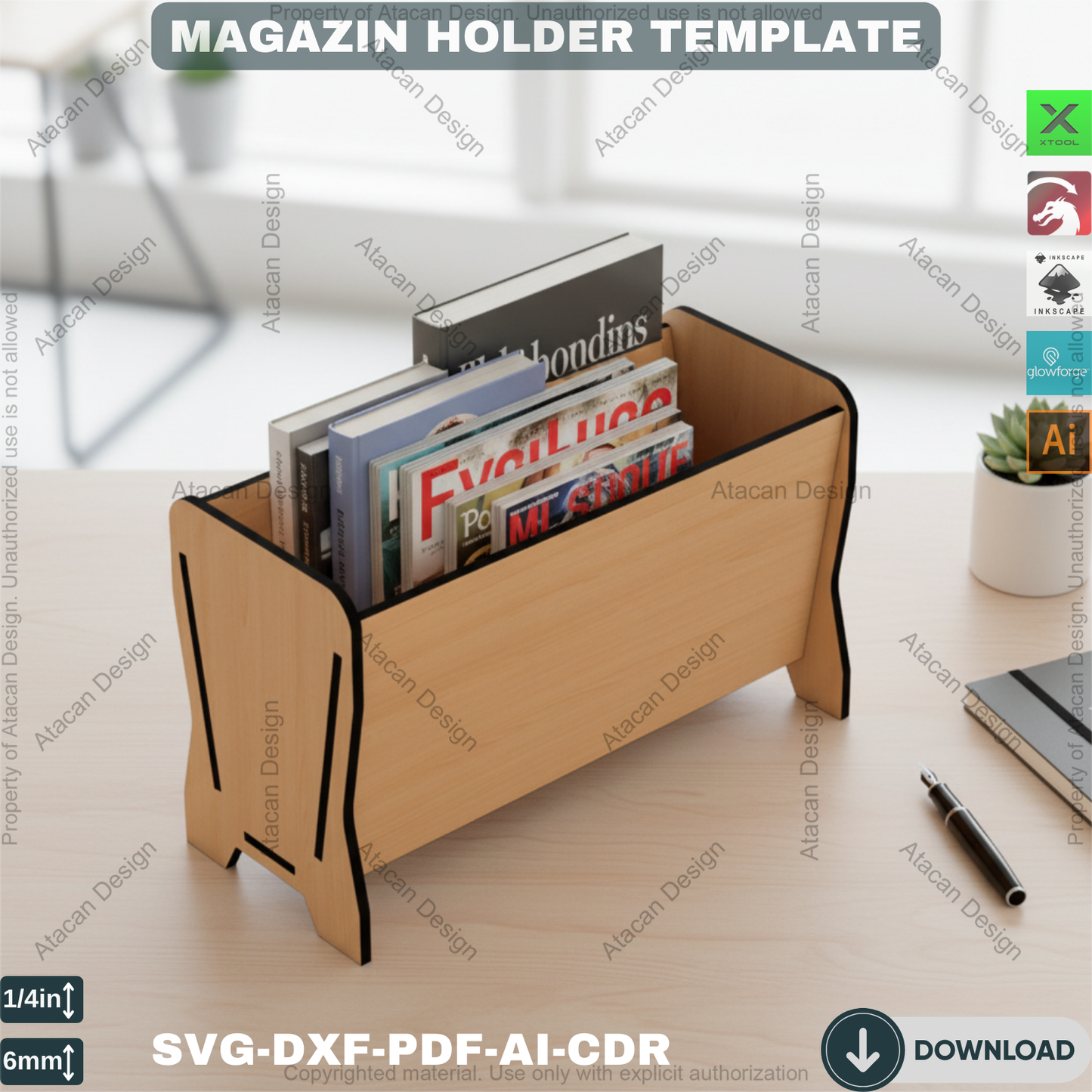 Modern Wooden Magazine Holder SVG DXF Files for Laser Cut - Desktop Journal & Book Storage - Digital File Download