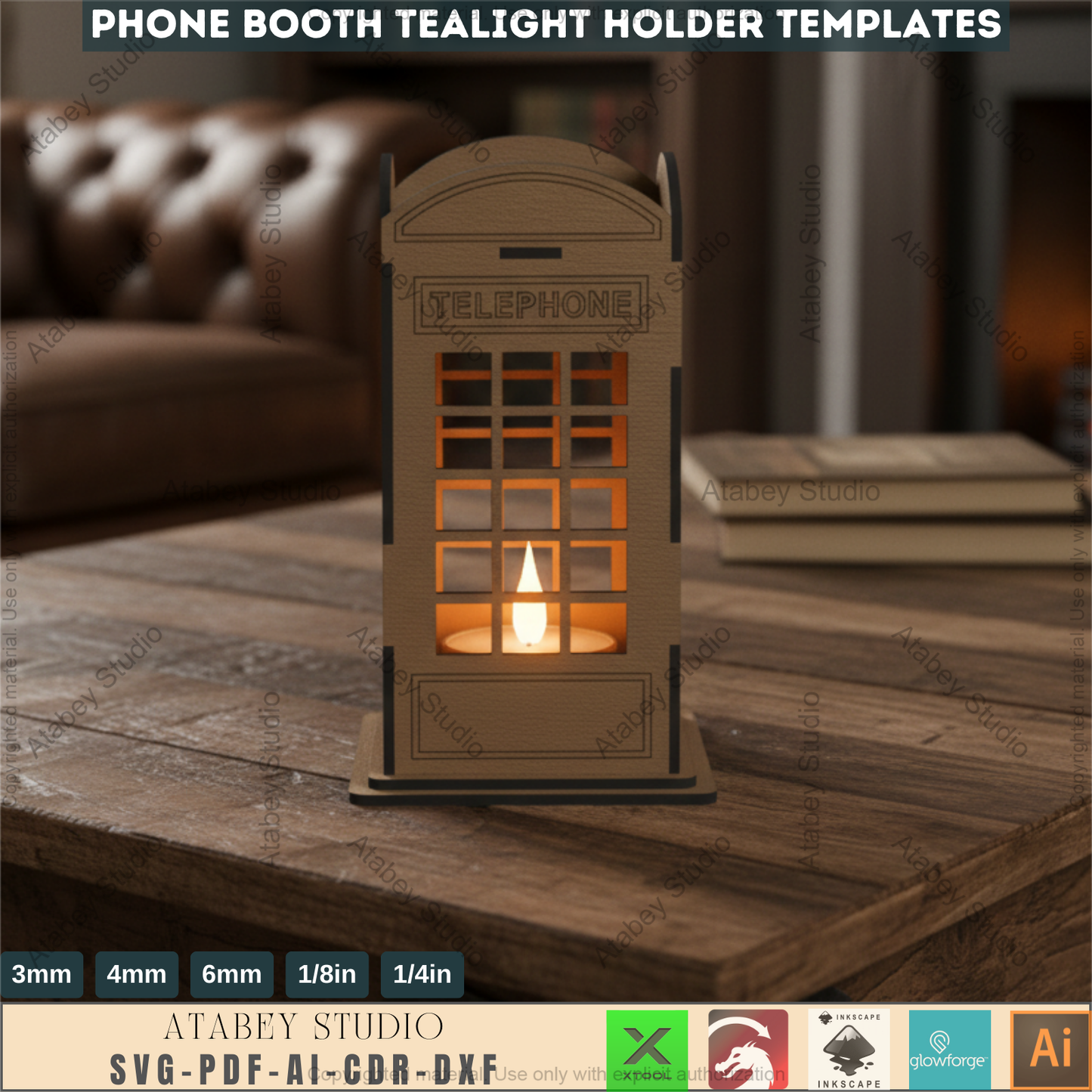 British London Phone Booth Tea Light holder - English Telephone Lantern Candle Holder - Wooden Vector Cut Files Svg Dxf Cdr Ai 569