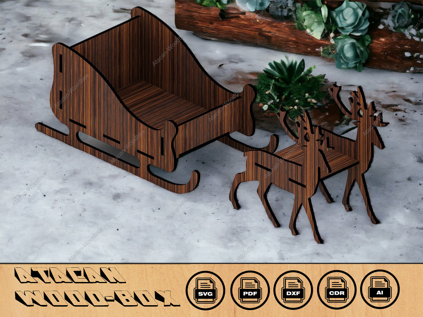 Santa Claus Christmas Sleigh / Deer and sleigh / Noel Decor / Xmas Wooden Reindeer / Glowforge vector 273