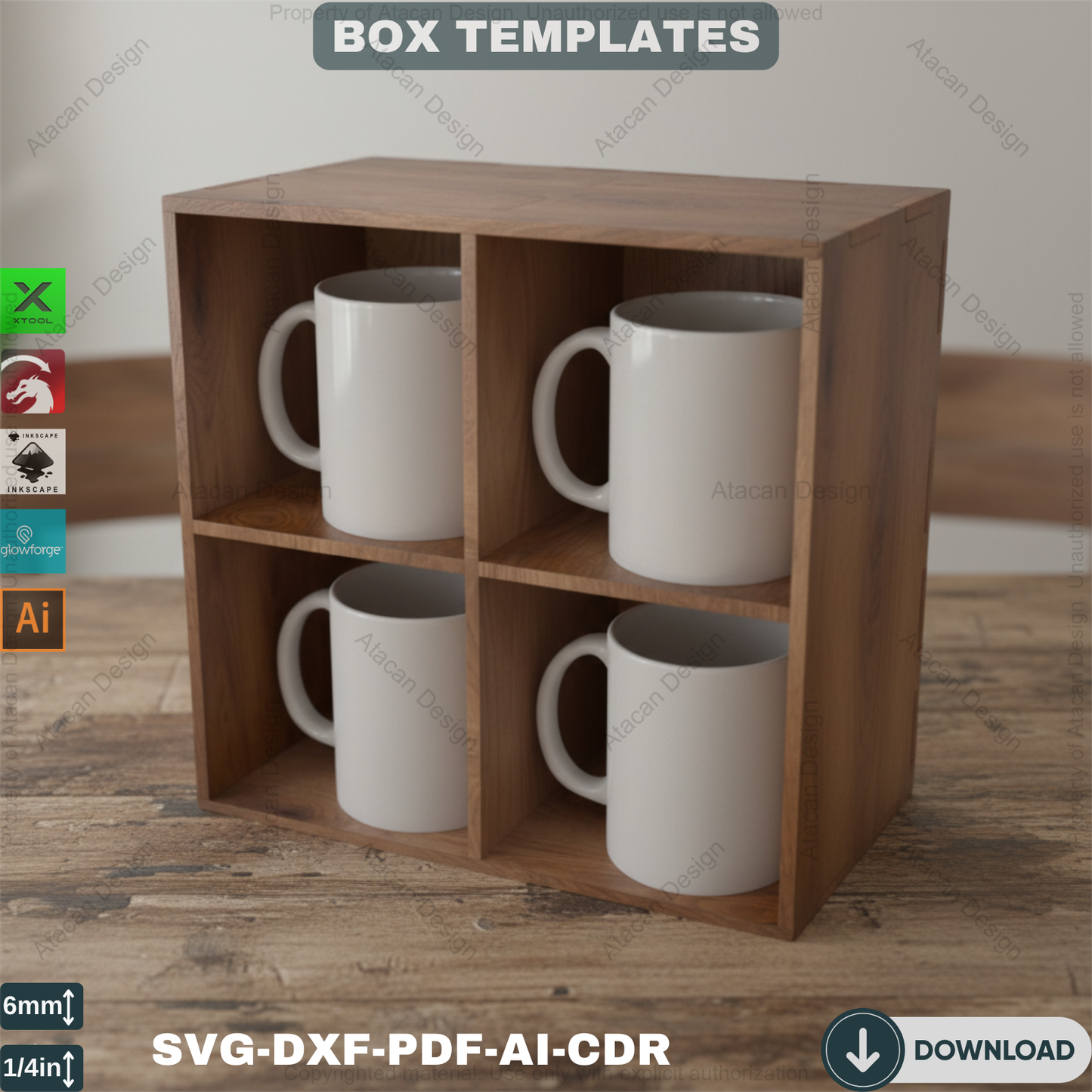Two Sizes Mug Display Box - Cup Storage Organizer, DIY Kitchen Decor - Wooden Box Laser Project 567