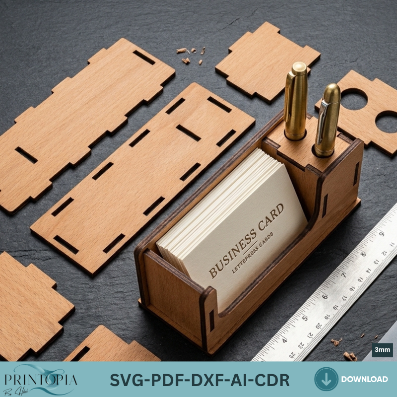 Wooden Business Card Holder and Pen Stand Laser Cut Template Plywood Desk Organizer