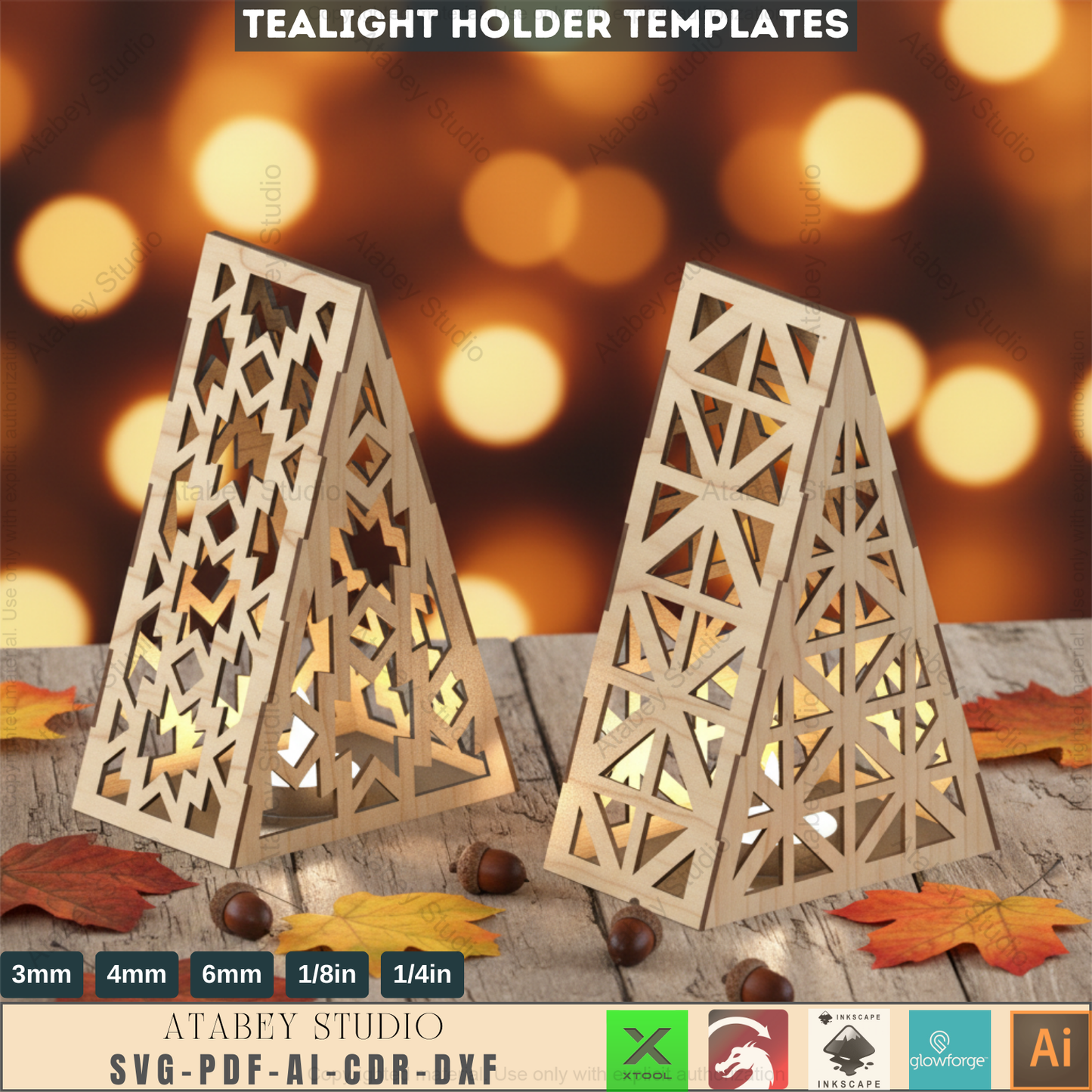 Tea Light holders - Wood Lantern Candle Holder - Multi Pattern Stylish Pyramid Lantern for Cozy Home Decor Svg Dxf Cdr Ai 570