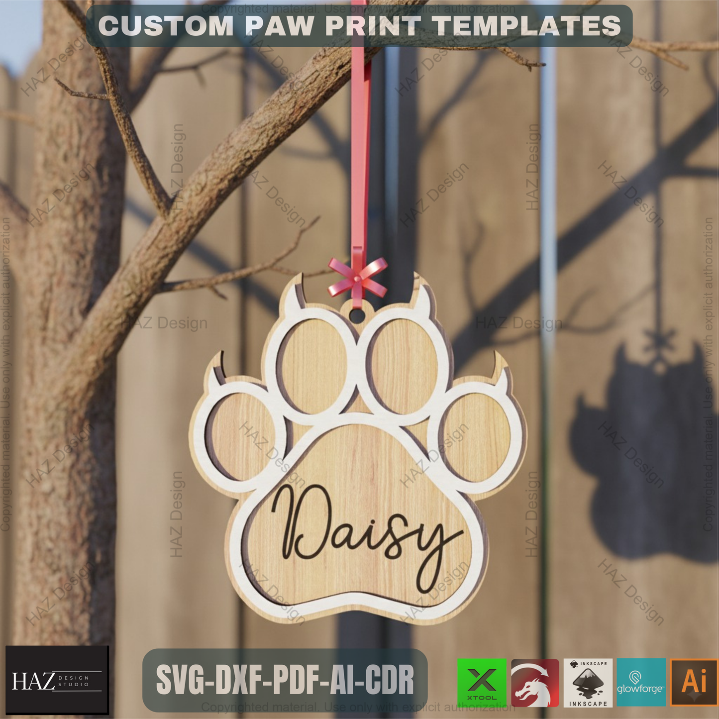 Personalized Dog Paw Ornament - Custom Wooden Pet Christmas Keepsake for Laser Cutting 807