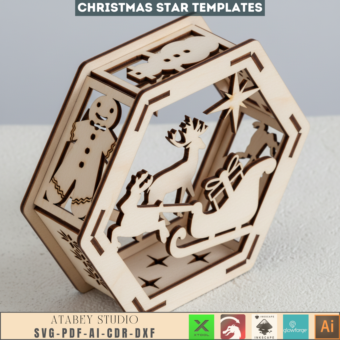 Hexagon Christmas Decor SVG Template - Laser Cut Lanterns - Winter Scene for Holiday Home Decor and Cozy Candle Glow 957
