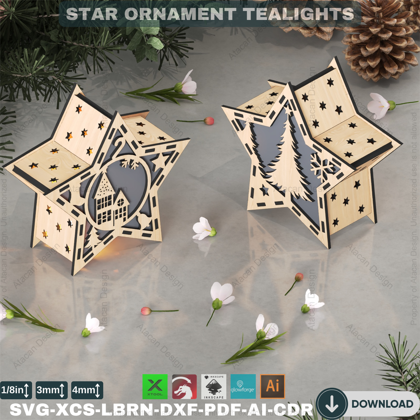 3D Star Night Light: Laser Ready Files, Candle Holder Pattern,10 design Christmas Star Table Lamp: Laser Cut Lantern, Holiday Decor 877