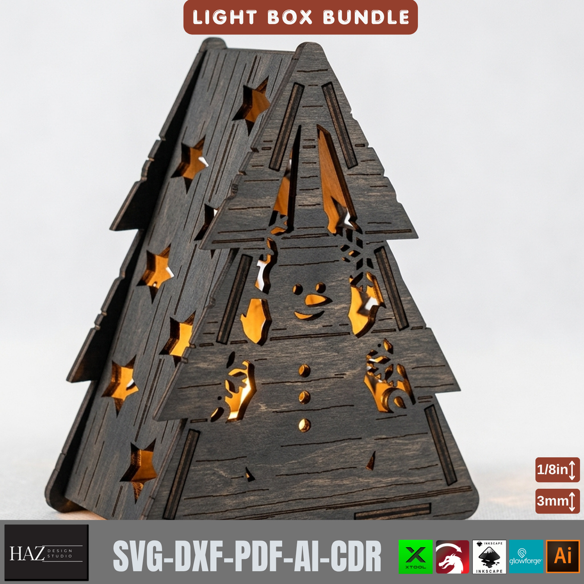 Wooden Christmas Light Box SVG Bundle, 9 Tealight Candle Holder Templates, Laser Cut Xmas Decor 580