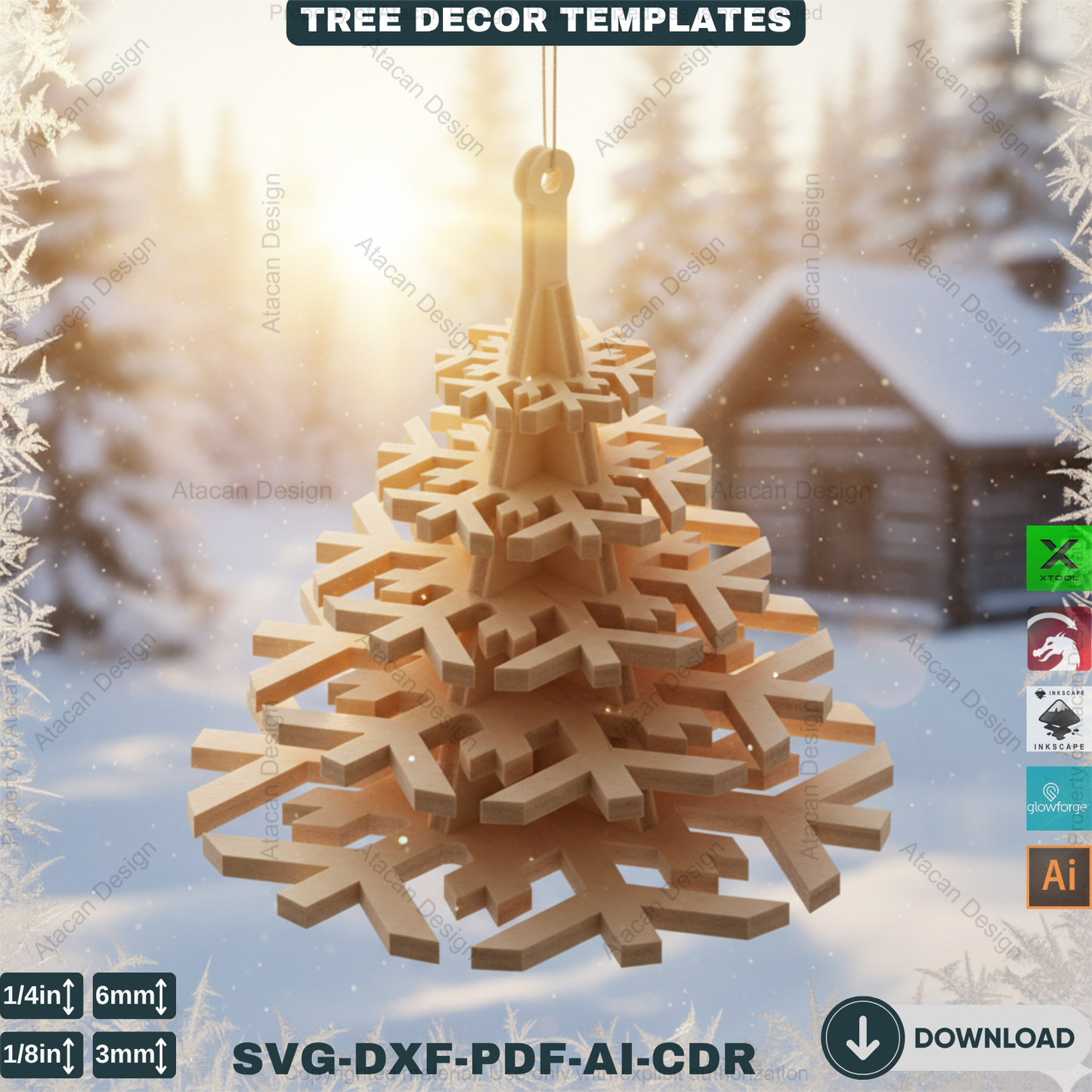 3D Christmas Tree Laser Cut File, Rustic Snowflake Holiday Decor, DIY Winter Tabletop Centerpiece for Glowforge & xTool 908