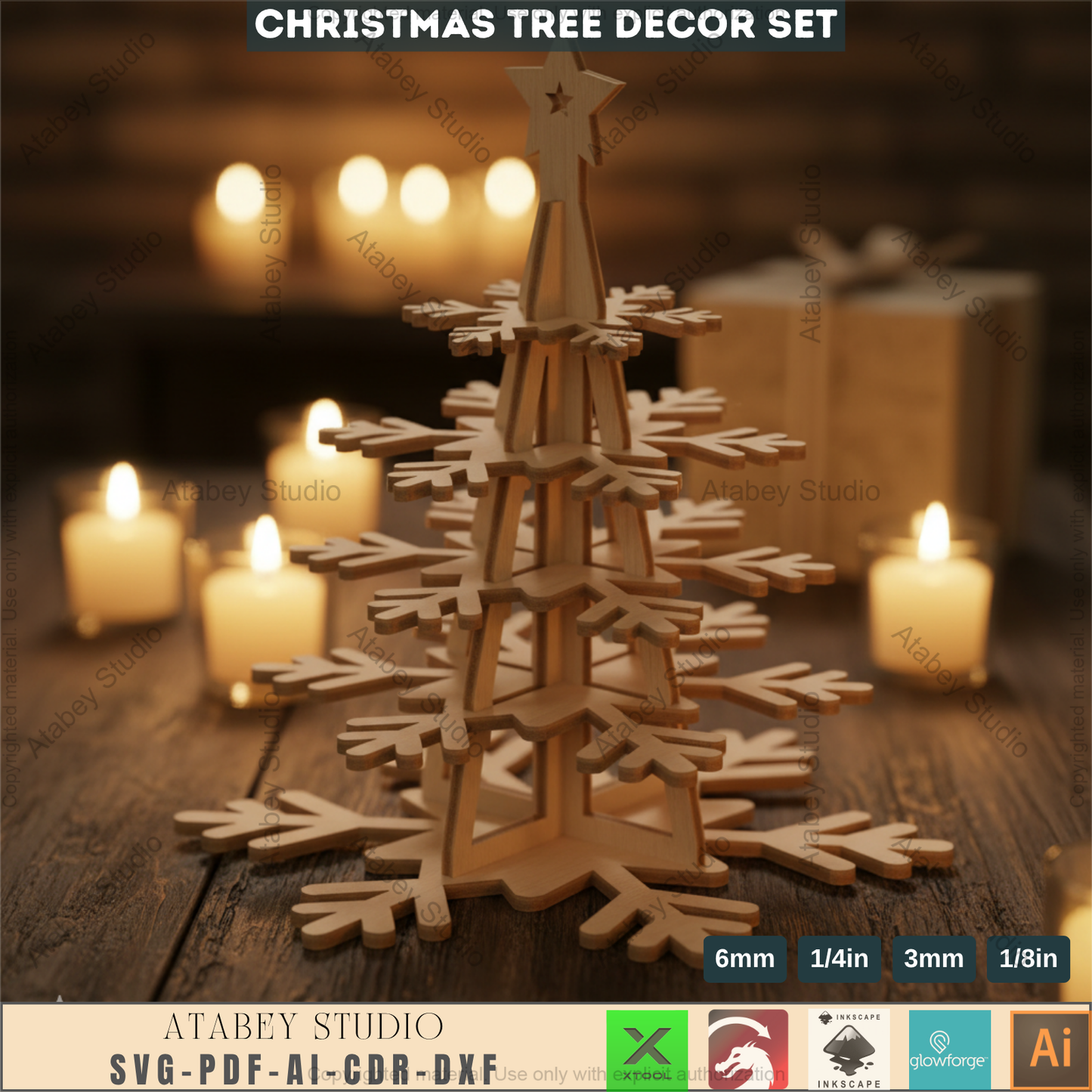 3D Christmas Snowflake Tree Decor Template for Laser Cutting | Standing Holiday Ornament Design for Glowforge, xTool, Lightburn Machines 965