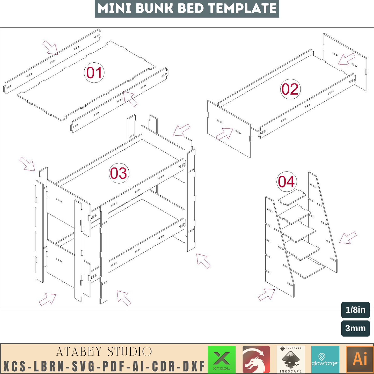 DIY Bunk Bed Laser Plan, Digital Loft Bed Template for CNC, Miniature Dollhouse Furniture Craft File