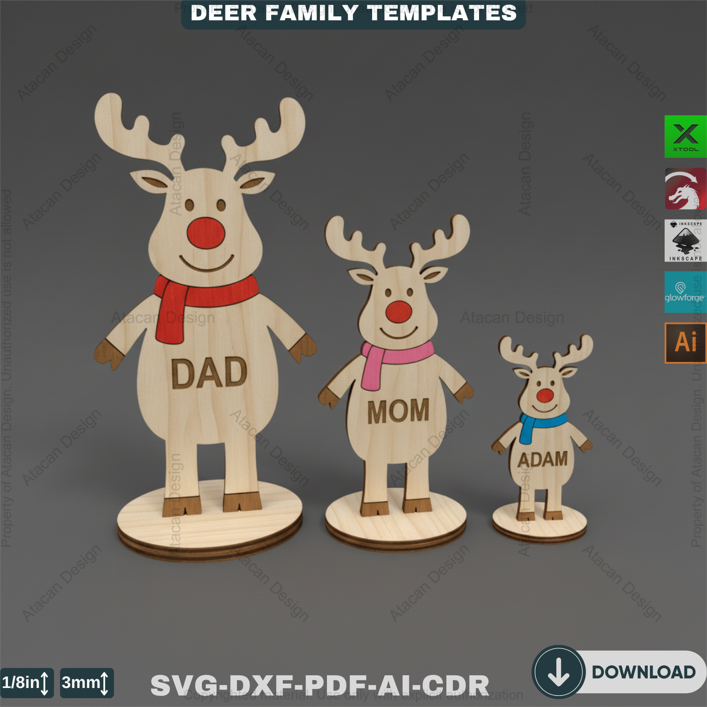 Personalized Reindeer Family Names Template | Freestanding Wooden Deer Family | Christmas Laser Cut Design 917