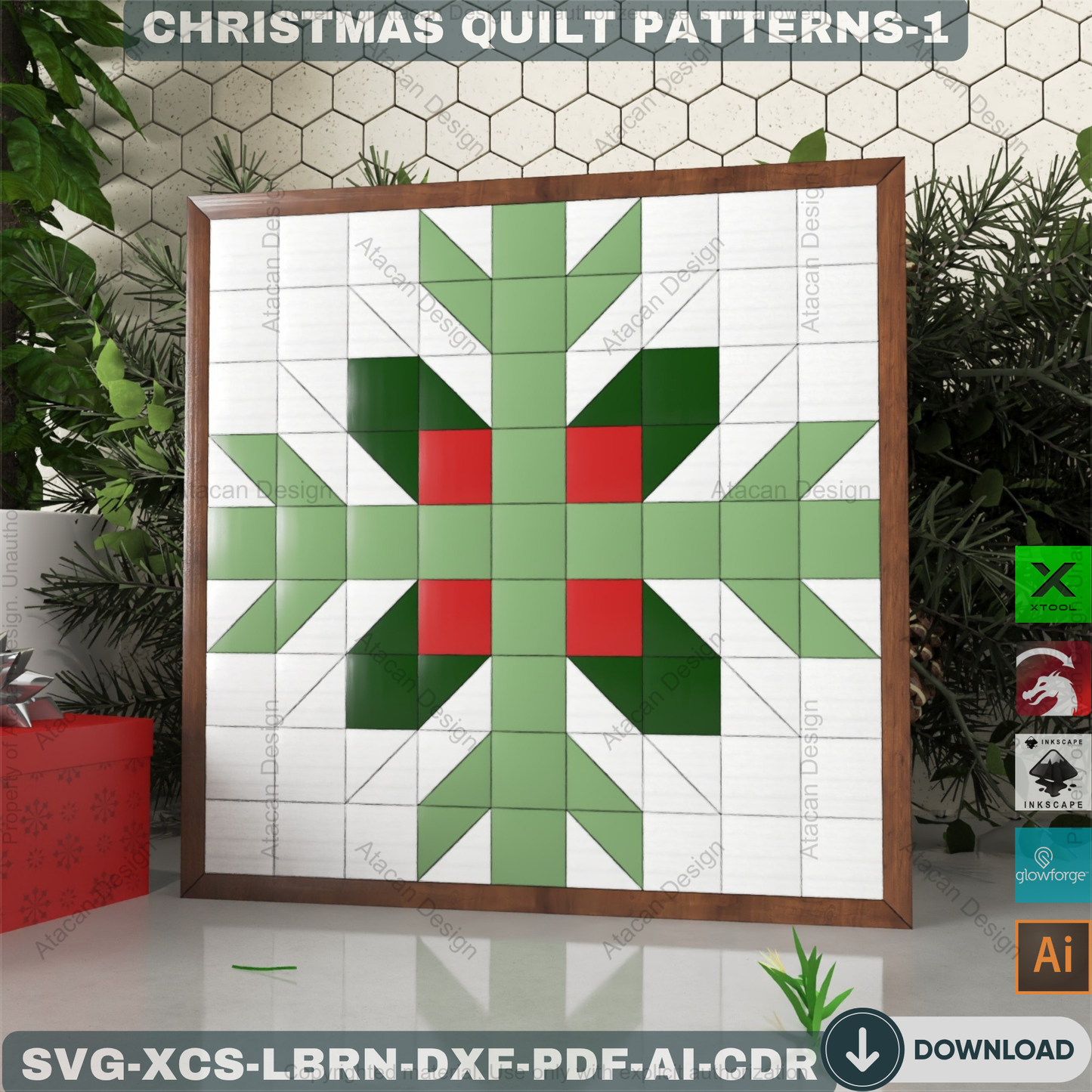 DIY Christmas Wall Art SVG, Festive Barn Quilt Pattern Collection, Laser Cut Files for Farmhouse Holiday Decor & Signs