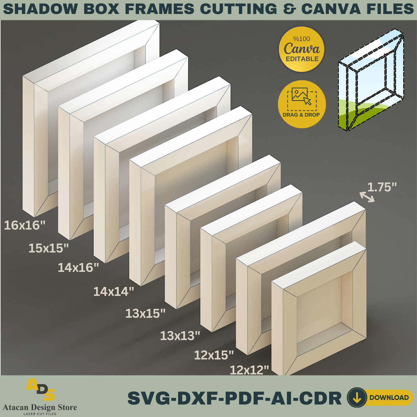 Shadow Box Frame Cutting Template Set | 8 Sizes svg, DXF, PDF, ai, CDR Files | Cricut & Silhouette Compatible | Canva Editable Design 766