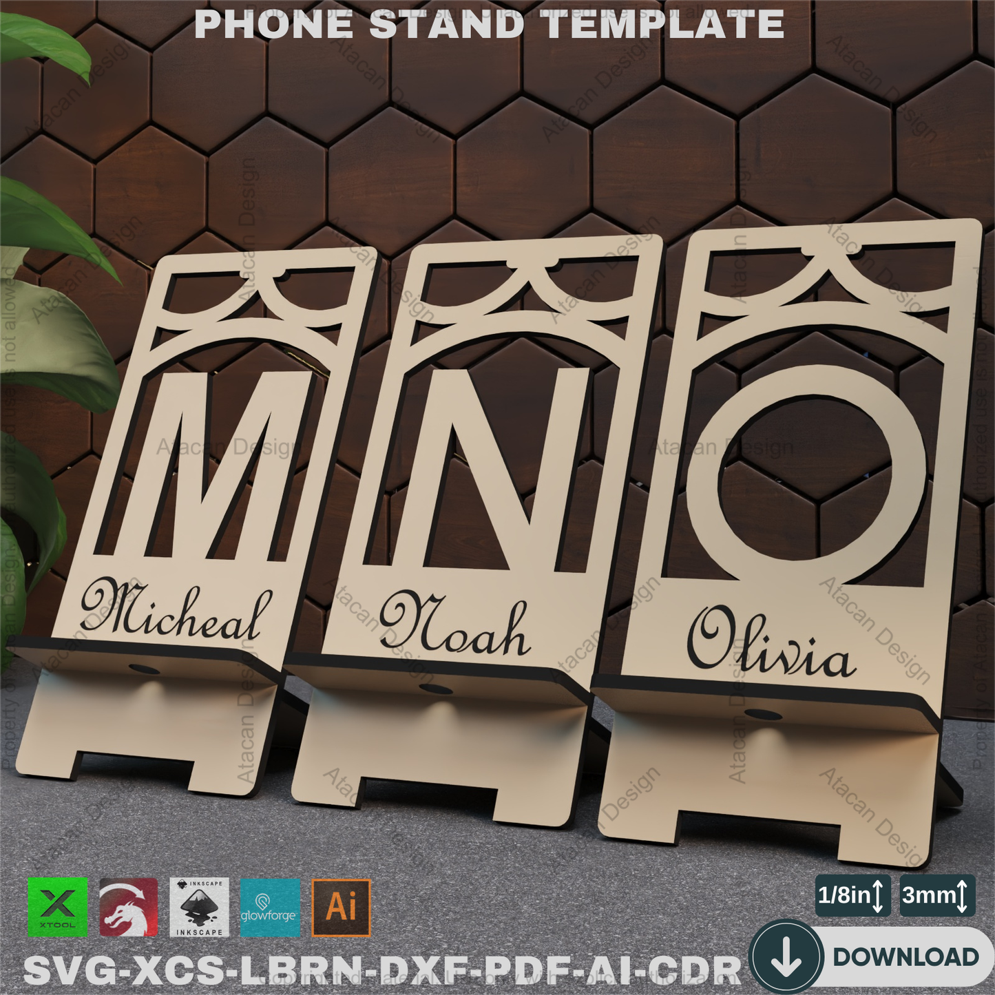 Laser Cut Phone Holder - 26 Letter Designs, Phone Stand SVG Files,Personalized Phone Stand - Laser Cutting Files, Alphabet Designs 867