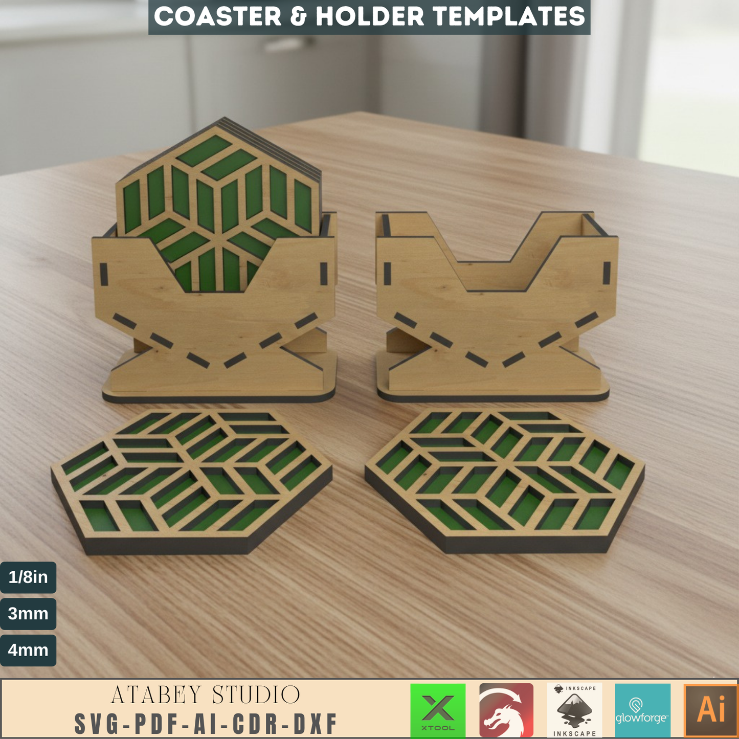 Laser Cut Coaster & Holder SVG Bundle for Home Decor, Hexagon Geometric Drink Coasters with Storage Rack Digital Files 552