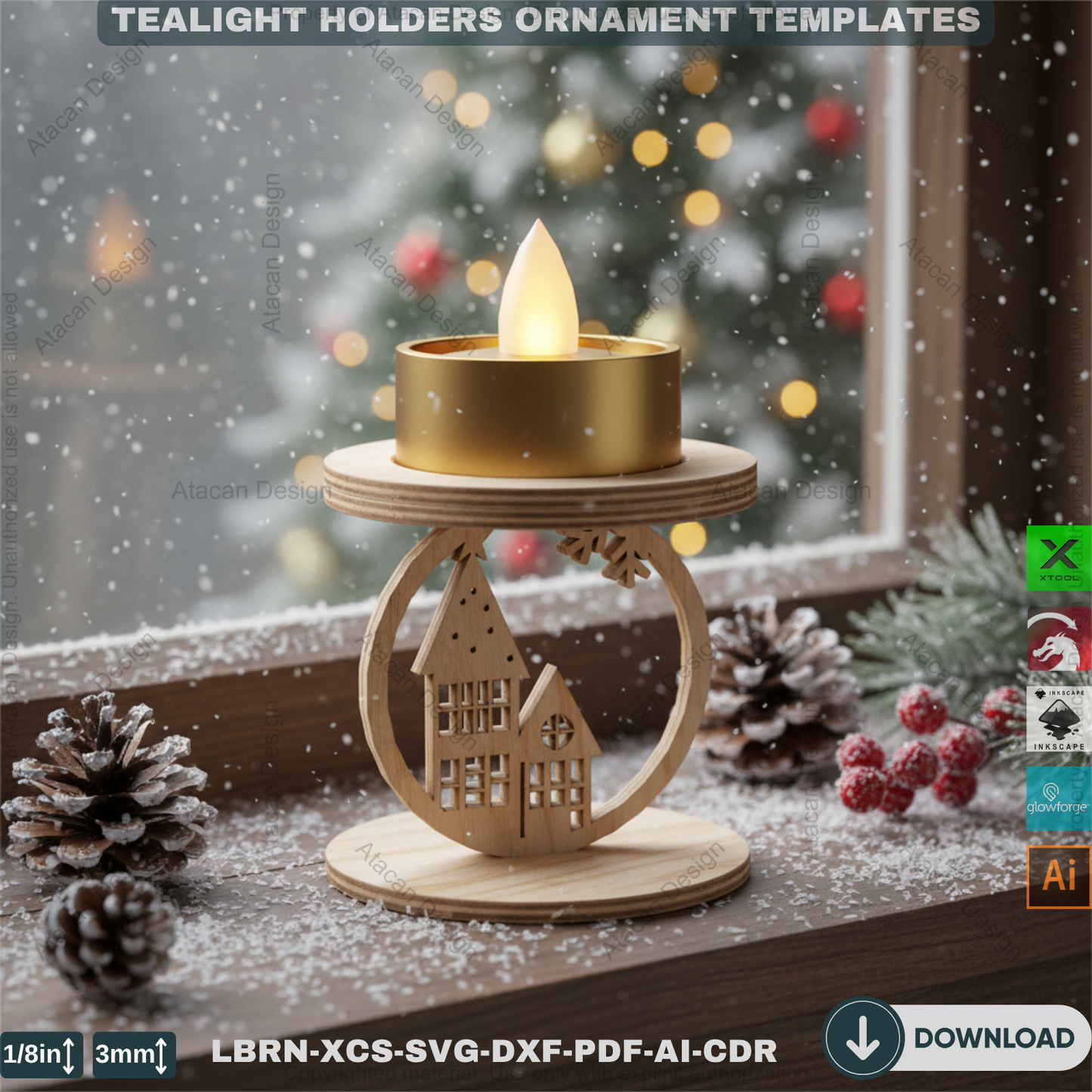 Snowflake Tealight Holder Set, Wooden Laser Cut Decor, Winter Candle Templates, Standing Tea Light Holders 907