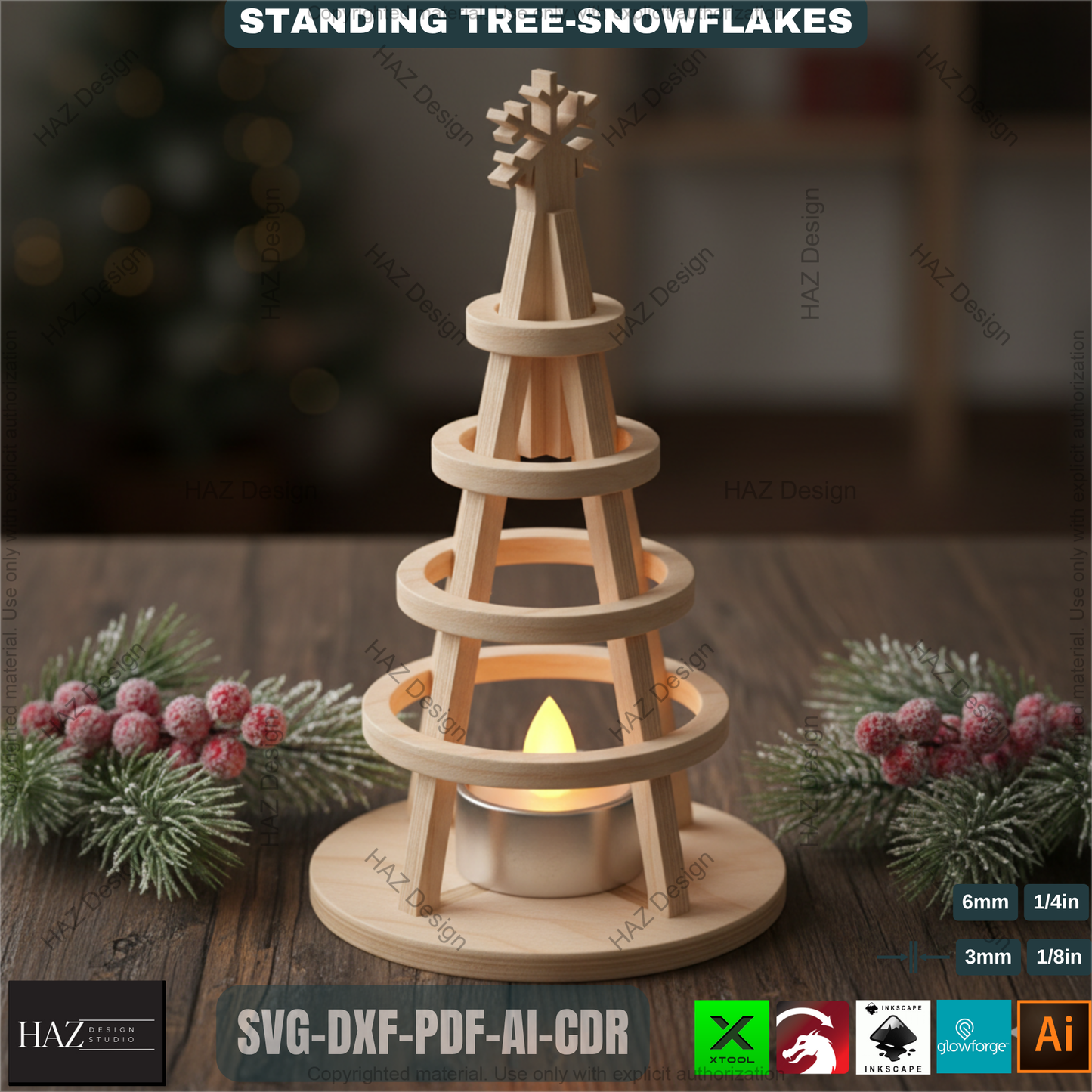 Wooden Snowflake Christmas Tree Light Decor Template Set Laser Cut Files for Holiday Table Centerpiece and Gift Craft 490