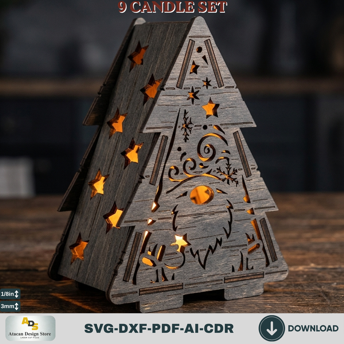 Laser Cut Christmas Lantern Bundle, Tealight Holder Template Set of 9, Snowflake Reindeer Gnome