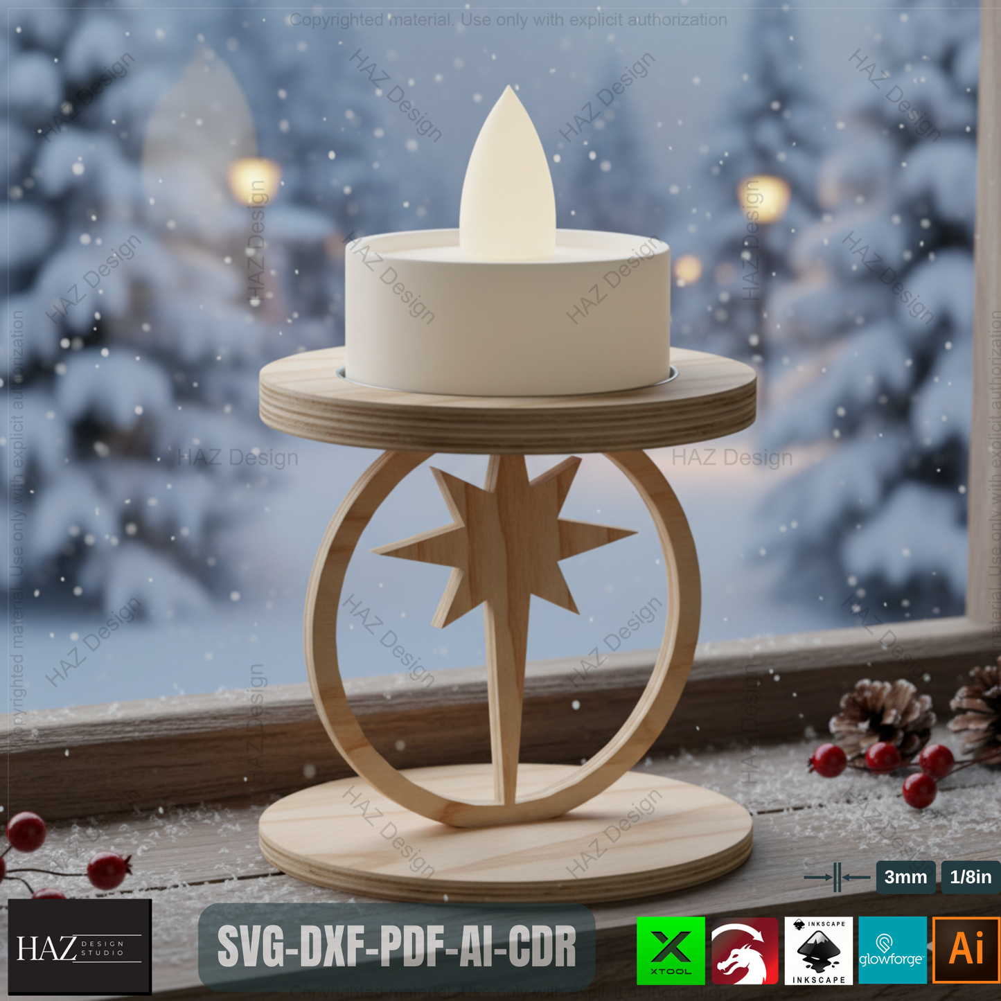 Standing Snowflake Tealight Holders, 3D Wood Laser Cut Ornament Template, DIY Christmas Candle Holder SVG Files