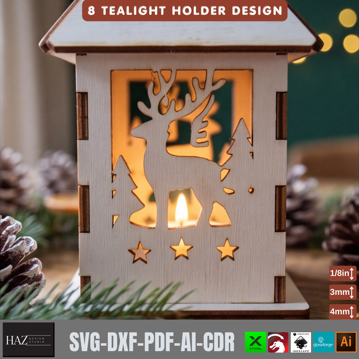 8 Christmas Tealight Lantern Laser Cut Pattern Wooden Candle Holder Template