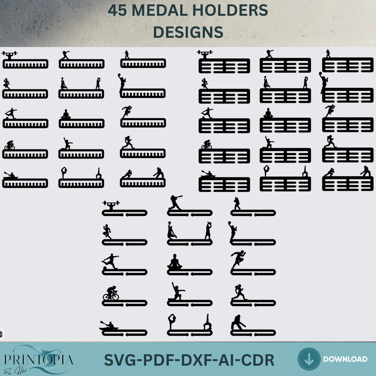 45 Medal Holder Designs SVG Bundle, Acrylic Sport Awards Hanger Templates, Trophy Medals Rack,