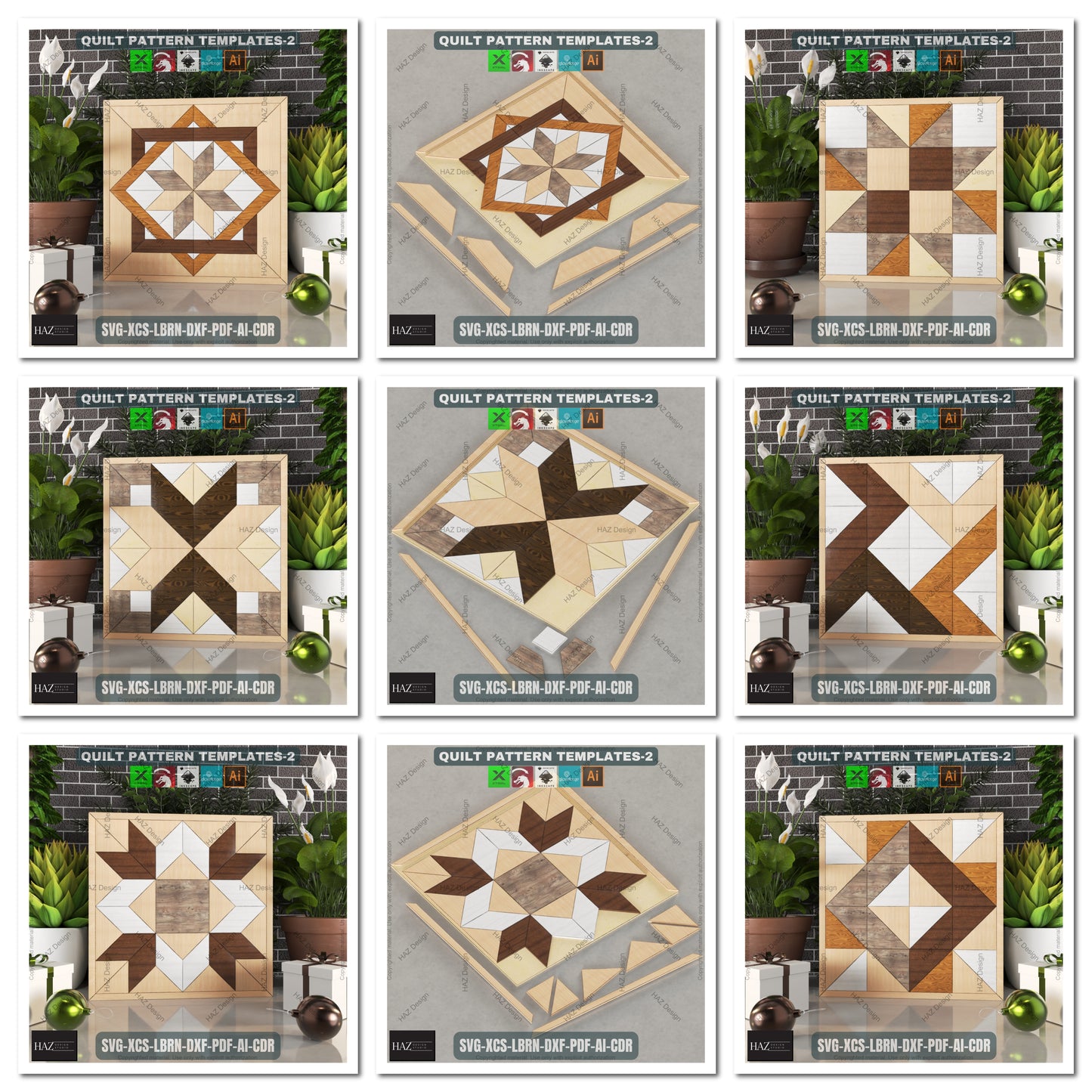 Rustic Barn Quilt SVG Bundle, 6 Wood Grain Quilt Patterns, Laser Cut Files for Glowforge, Natural Farmhouse Wall Art Decor 462