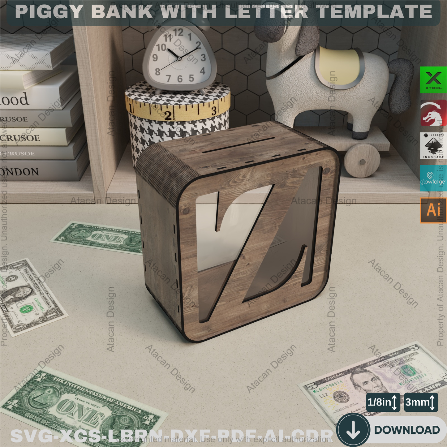 Rustic Letter Piggy Bank - Laser Cut Template - Wooden Coin Bank - Baby Shower - Custom Decor 875