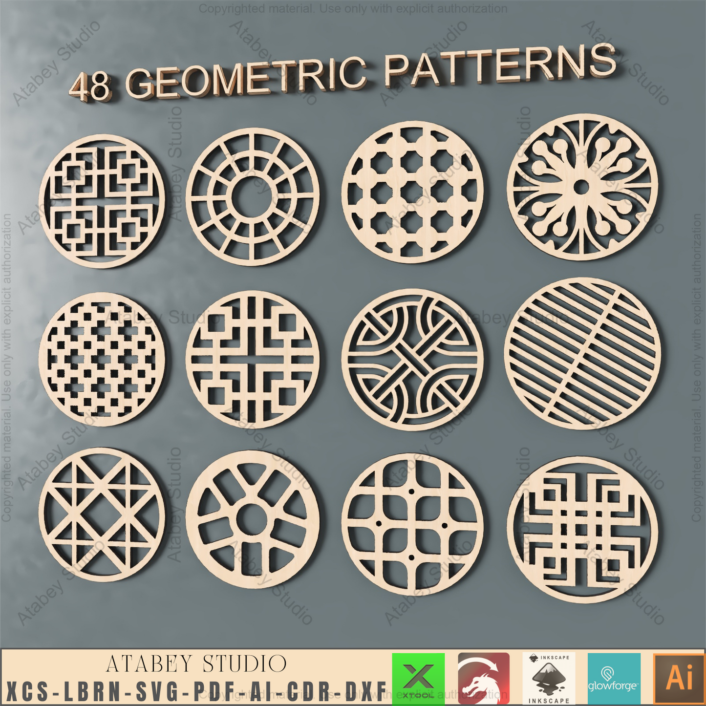 Laser Cut Design Pack: 48 Geometric Patterns | Decor, Coasters & Panel Files,Decorative Vector Art Bundle | 48 Square & Circle Laser Cut Templates 940
